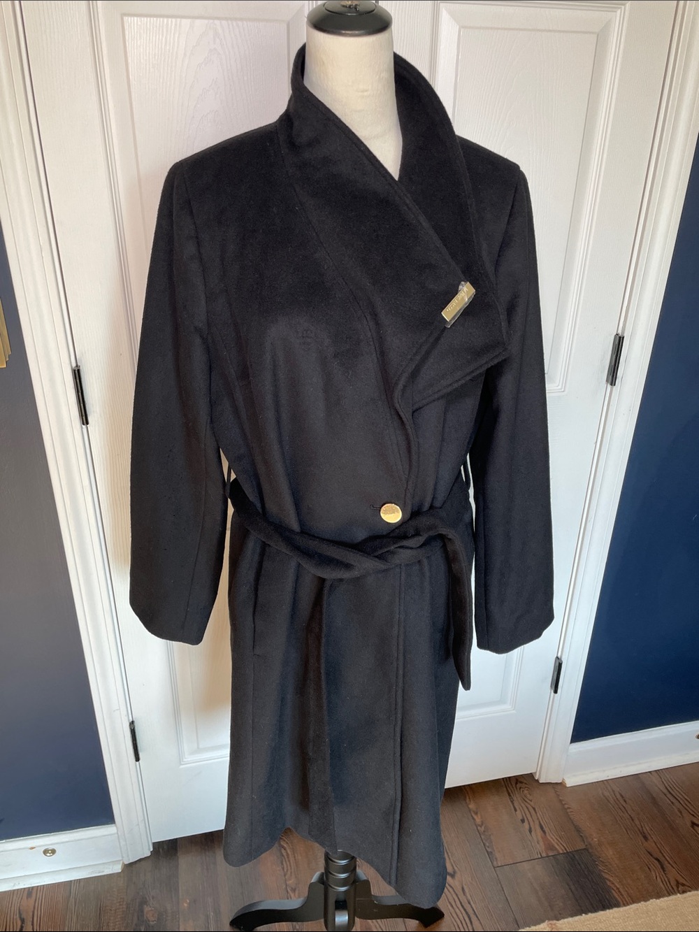 NWT dennis basso Long Black Wrap Trench Coat with Shawl Collar Size 14